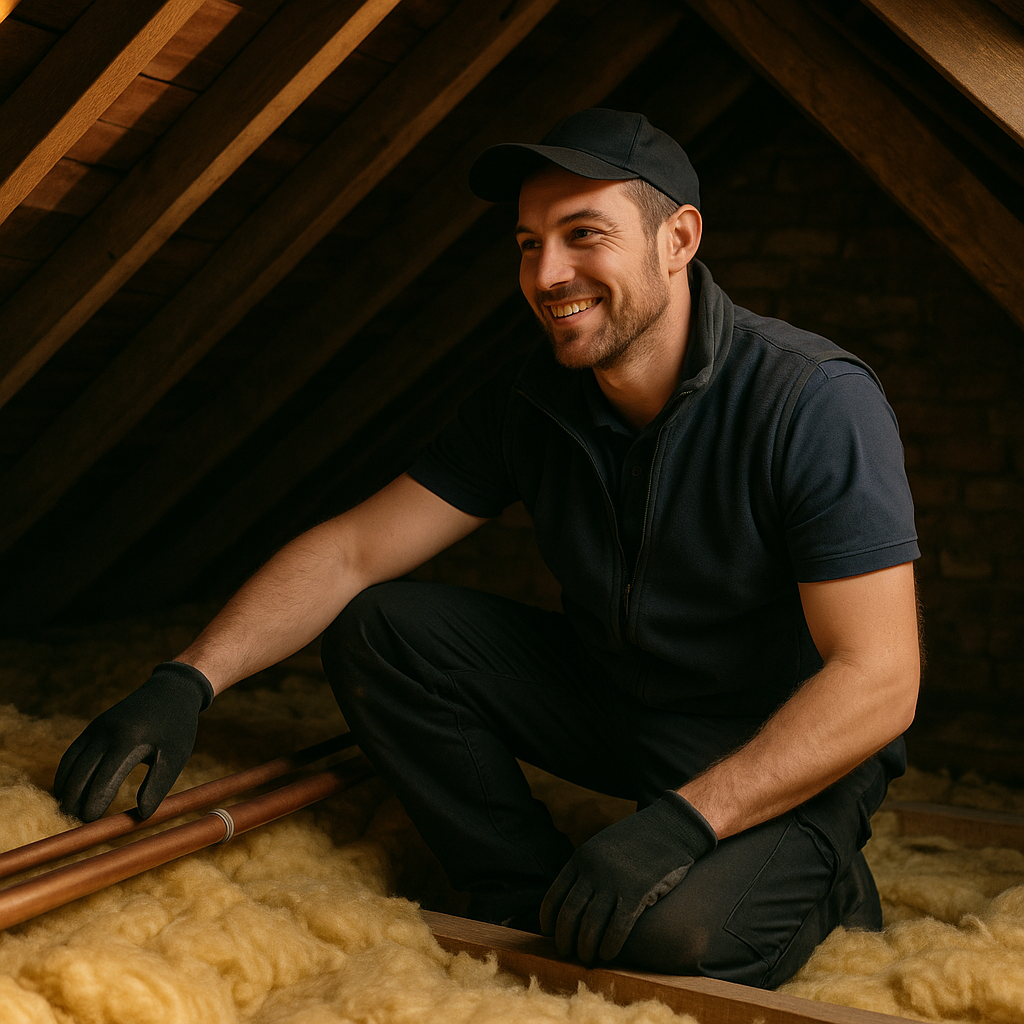 Installer improving roof insulation as part of preparing an older home for heat pump installation.