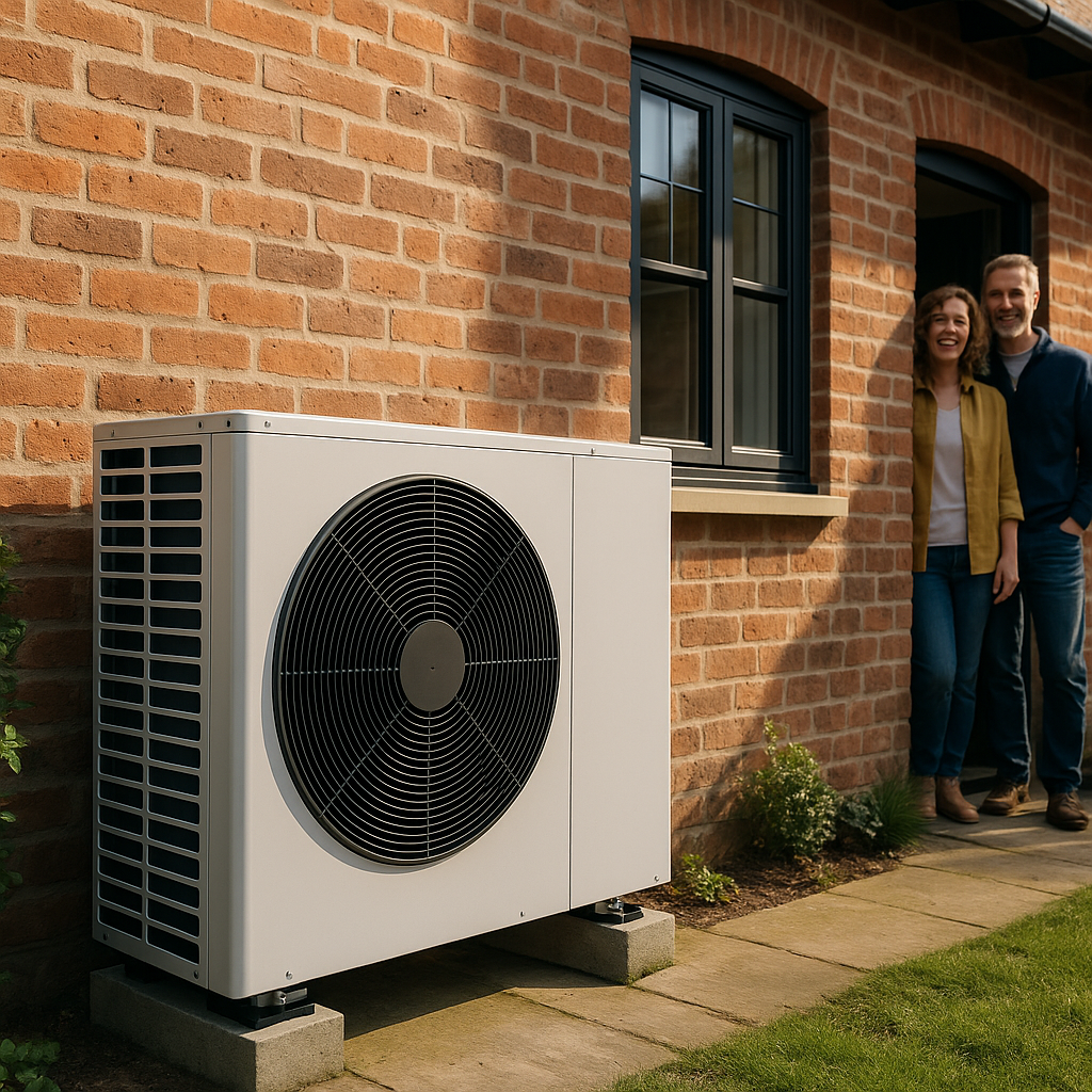 Modern air source unit beside a retrofitted property after preparing an older home for heat pump installation.