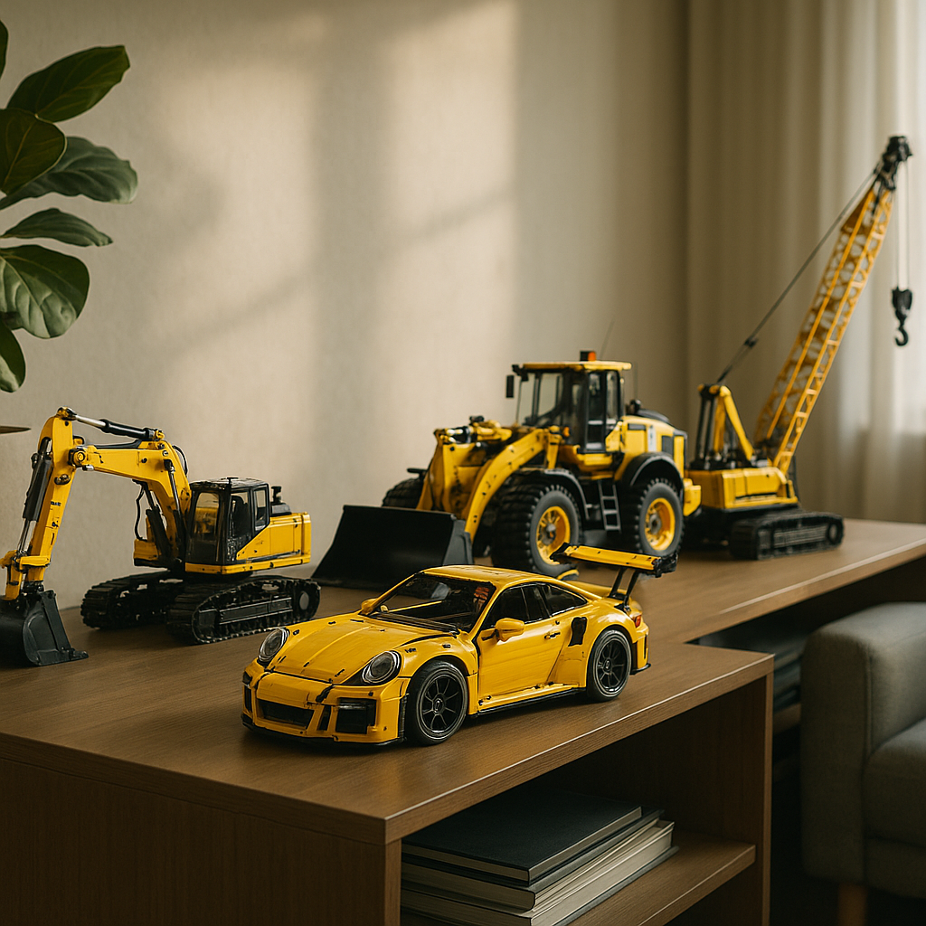 Display shelf in a living room showcasing completed builds from adult LEGO engineering sets.