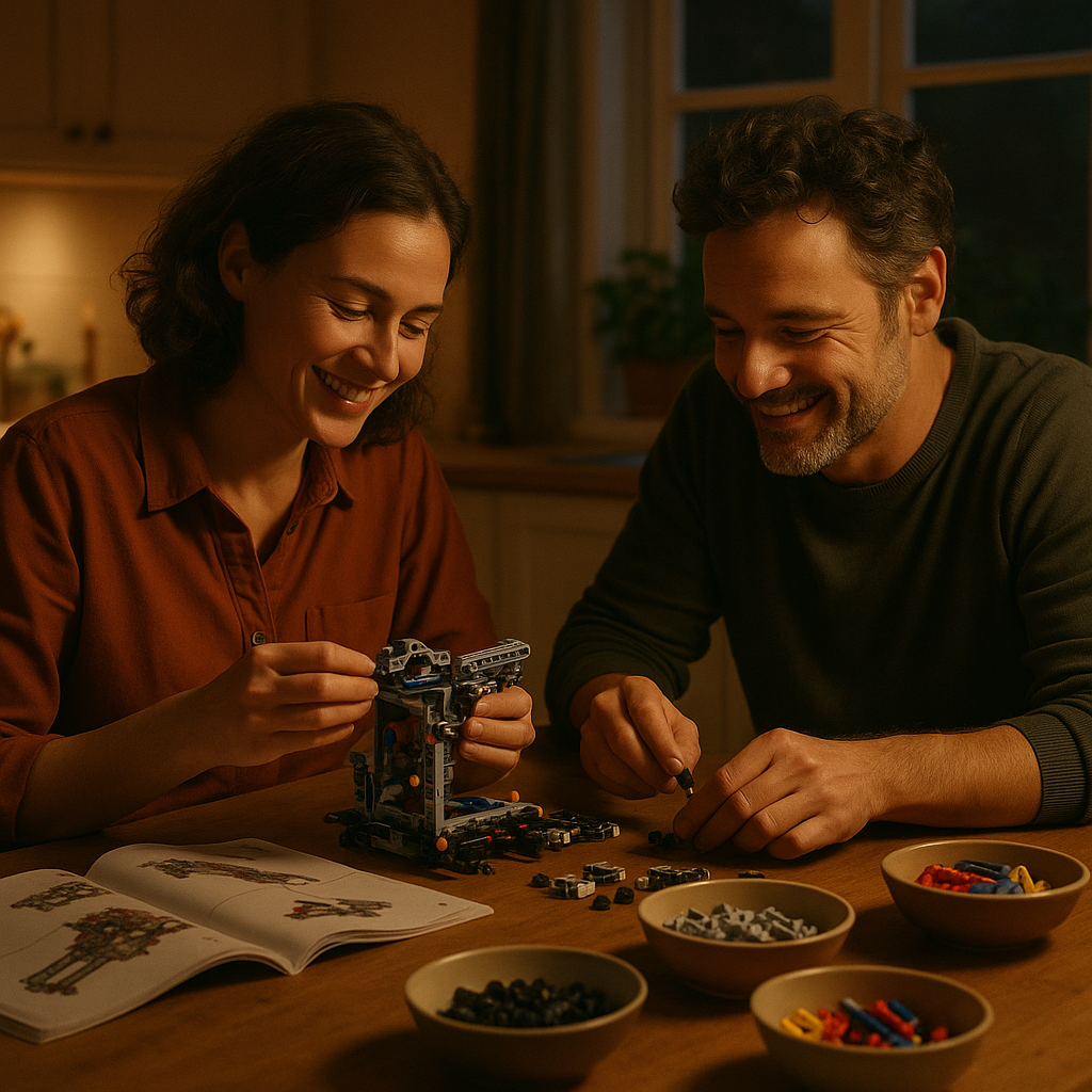 Two friends enjoying a collaborative build using adult LEGO engineering sets at a kitchen table.