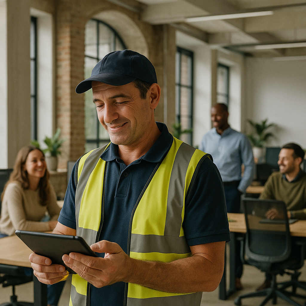 Office maintenance team reviewing a digital register to support the future of asbestos management.