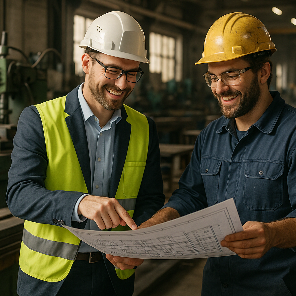 Tradesmen discussing layout changes to future proof your workshop tooling