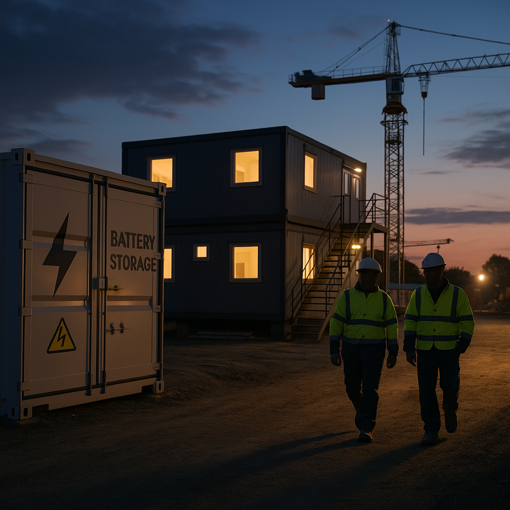 Construction workers walking past a site battery unit, showing battery storage for trades in use on a UK building project