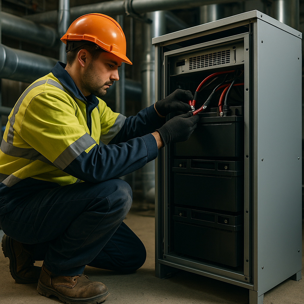 Electrician connecting a commercial battery cabinet as part of battery storage for trades on a commercial project