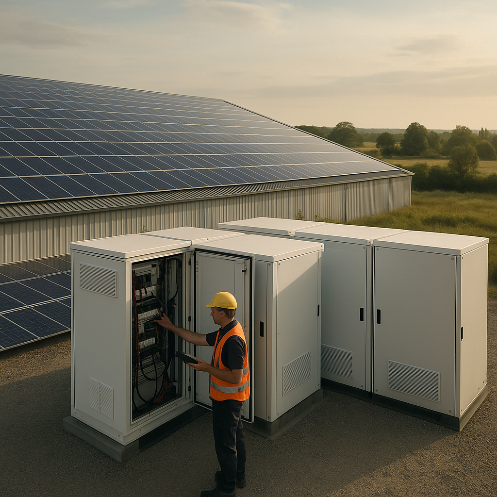 Tradesman inspecting a battery unit beside a warehouse, illustrating battery storage for trades alongside rooftop renewables