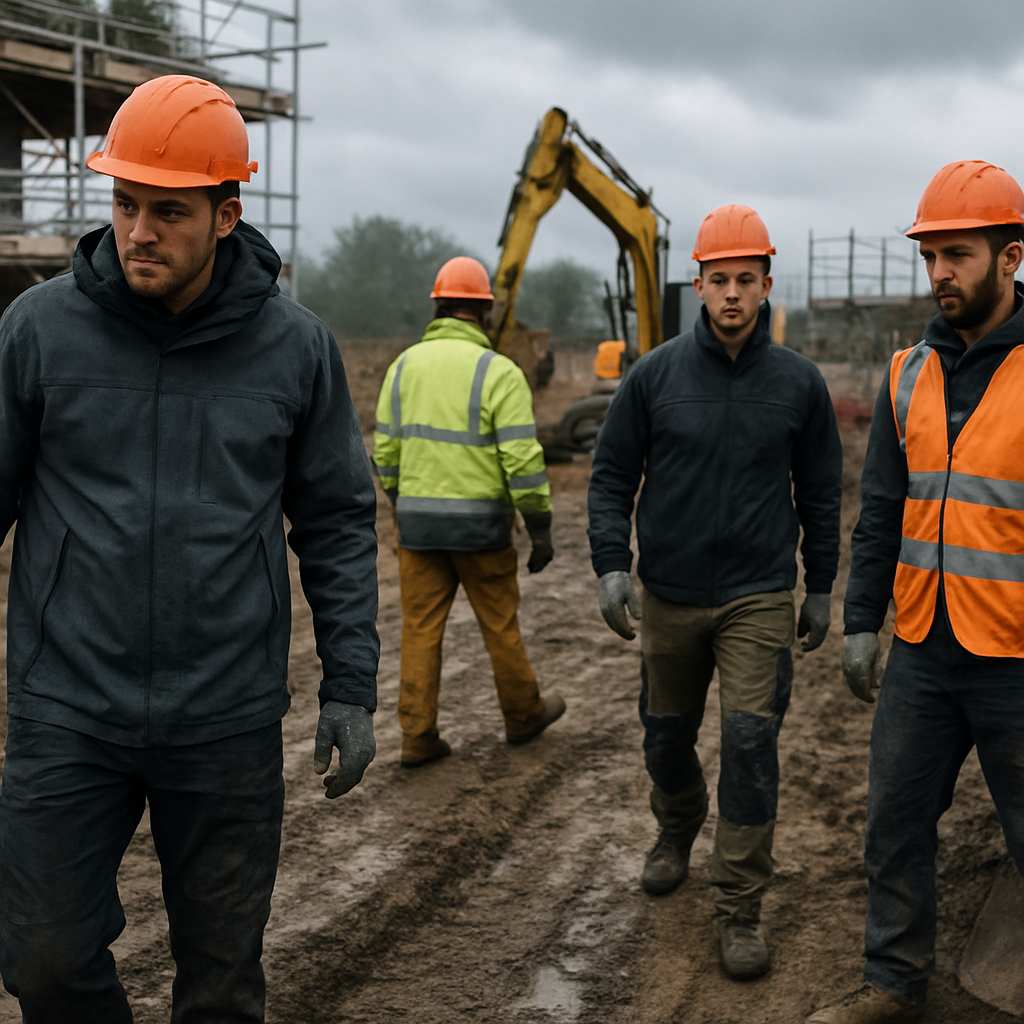 Builders on a muddy site comparing jackets and trousers made from the best fabrics for workwear
