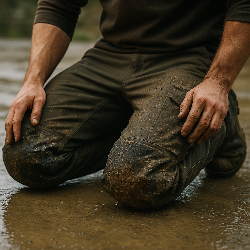 Tradesman kneeling on wet concrete wearing trousers made from the best fabrics for workwear