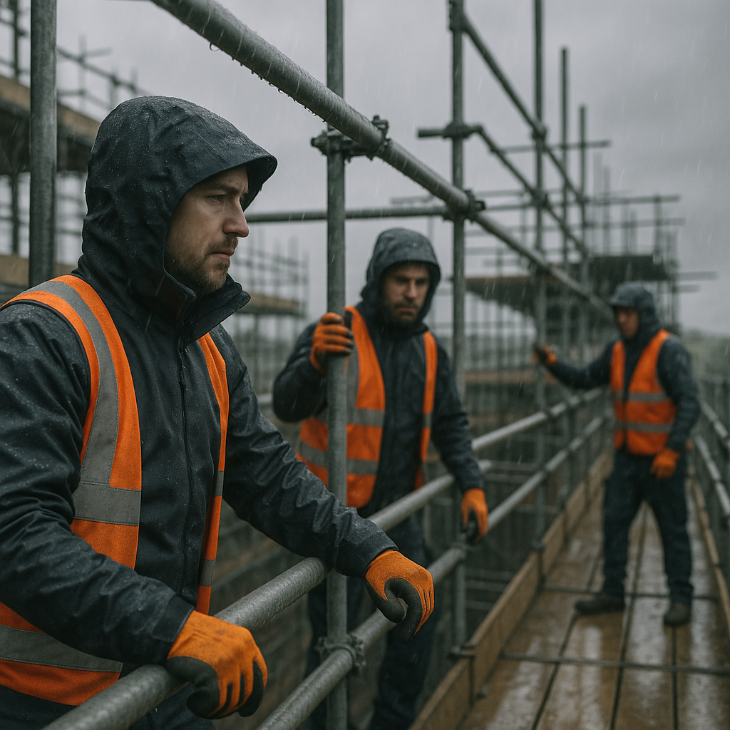 Construction workers in the rain wearing jackets made from the best fabrics for workwear