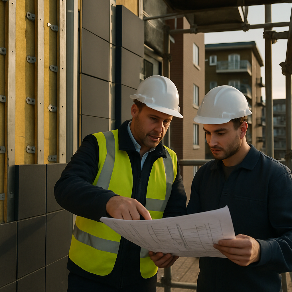 Site team checking drawings to ensure cladding and insulation meet fire safety regulations for external walls on a residential building