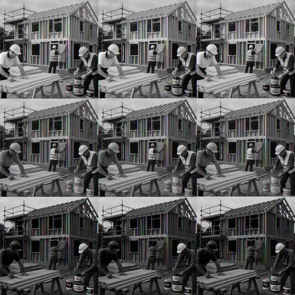 Tradesmen on a site working with green building materials during a house renovation