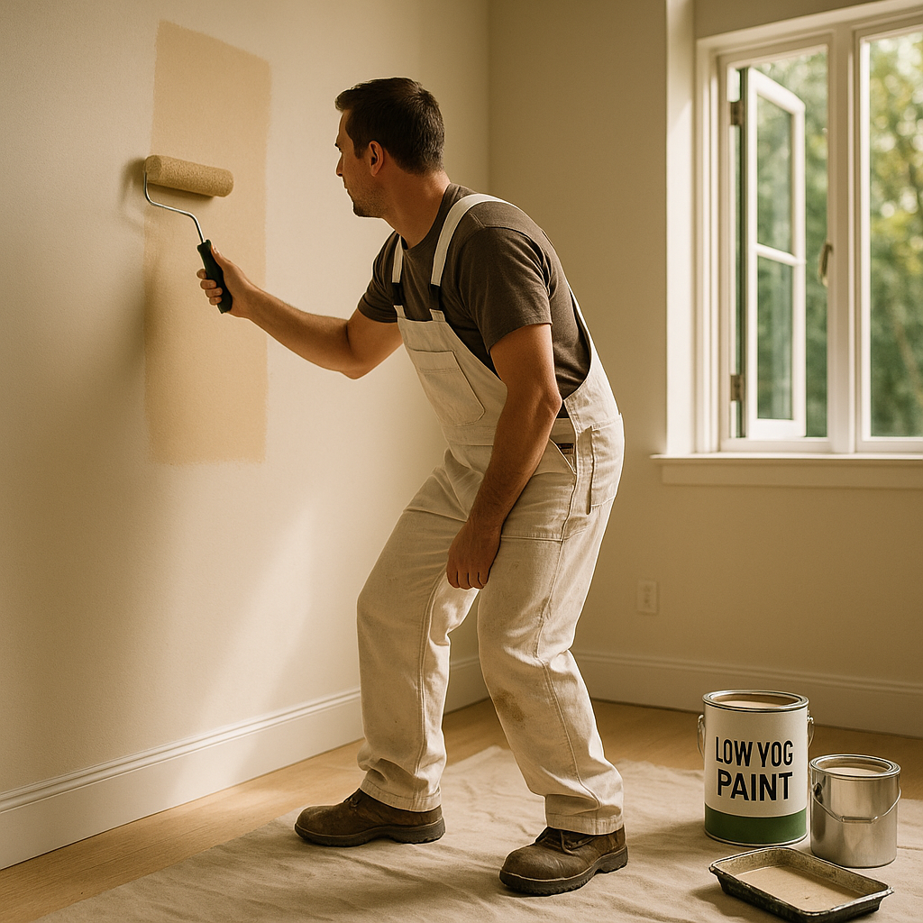Decorator applying low VOC paint as part of using green building materials on an interior job