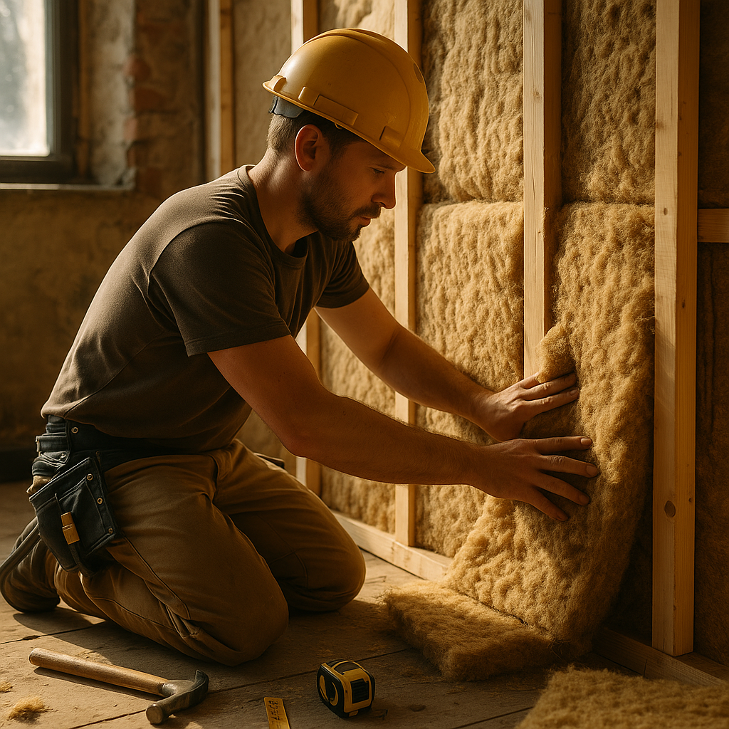Builder installing natural insulation as one of several green building materials in a timber stud wall