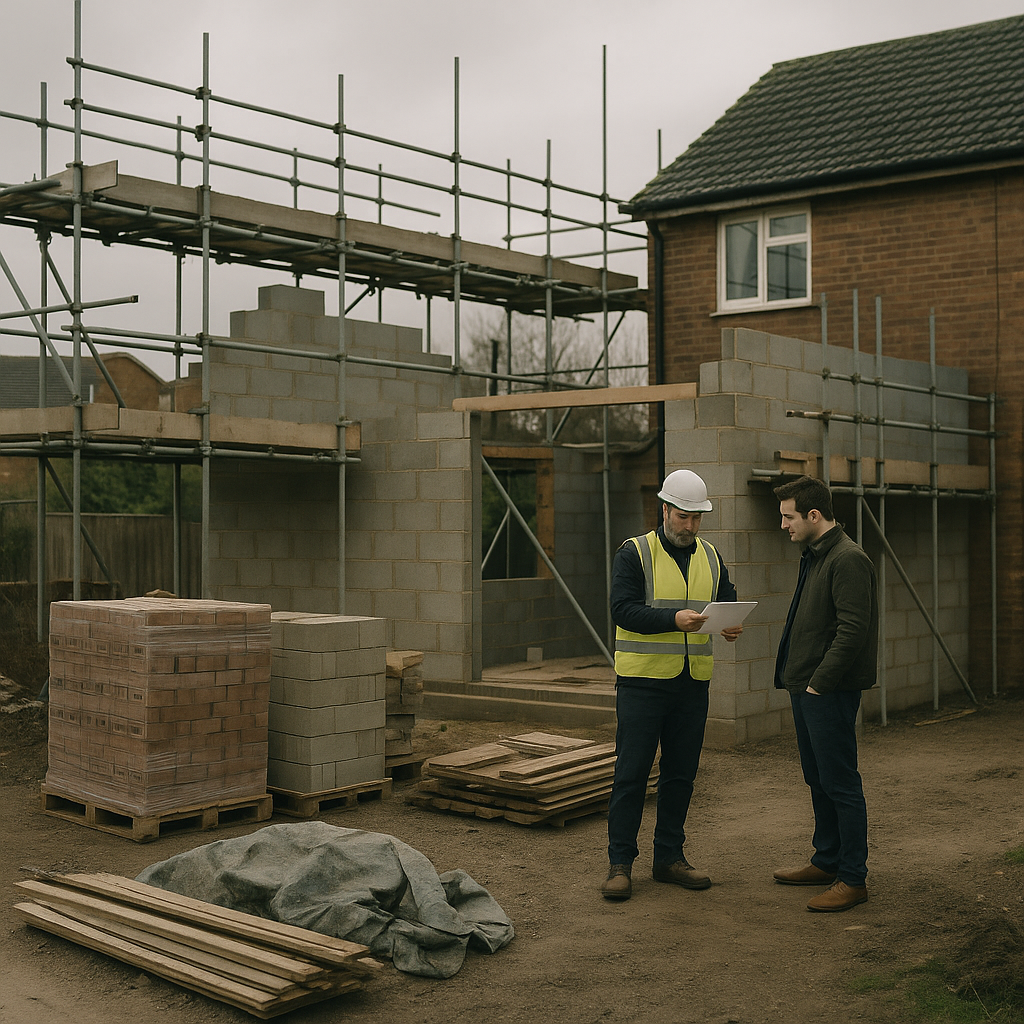 Contractor explaining how to price building work to a homeowner on site