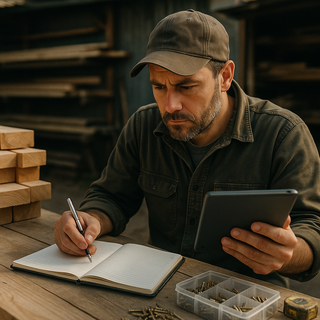Tradesman using a simple system for how to price building work in a workshop