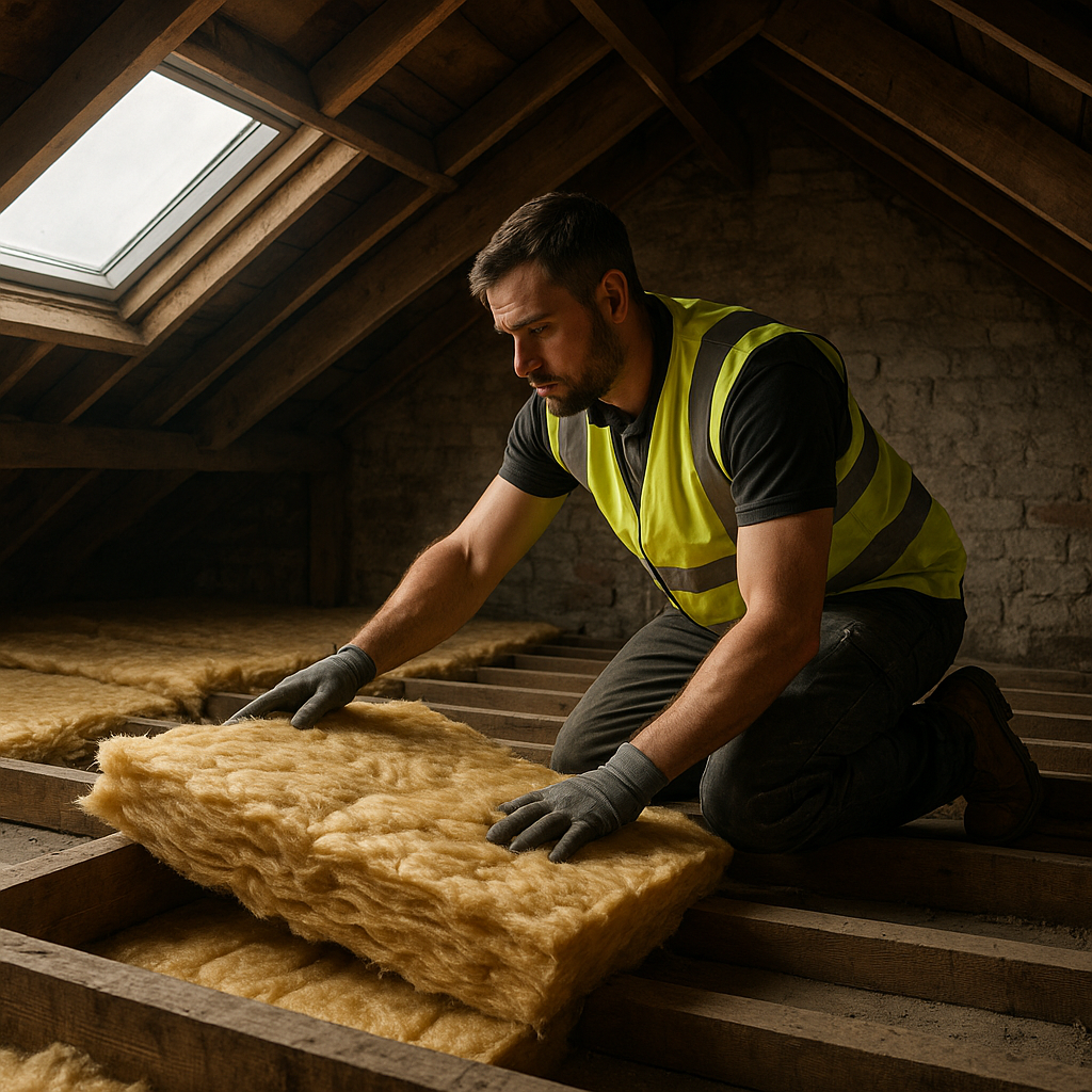 Tradesman installing loft insulation as part of retrofit insulation for older homes