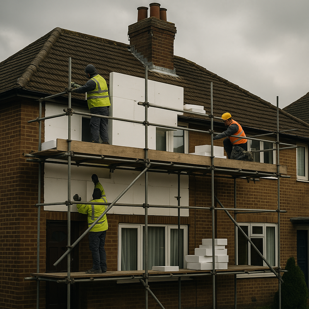 External wall insulation being fitted during whole house insulation upgrades on a UK semi-detached home