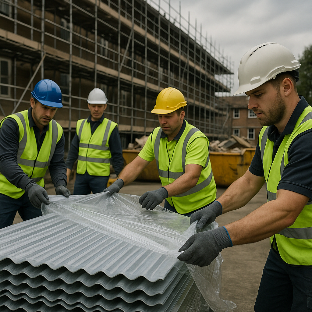 Construction crew carefully wrapping roofing sheets as part of asbestos waste management on a UK building site