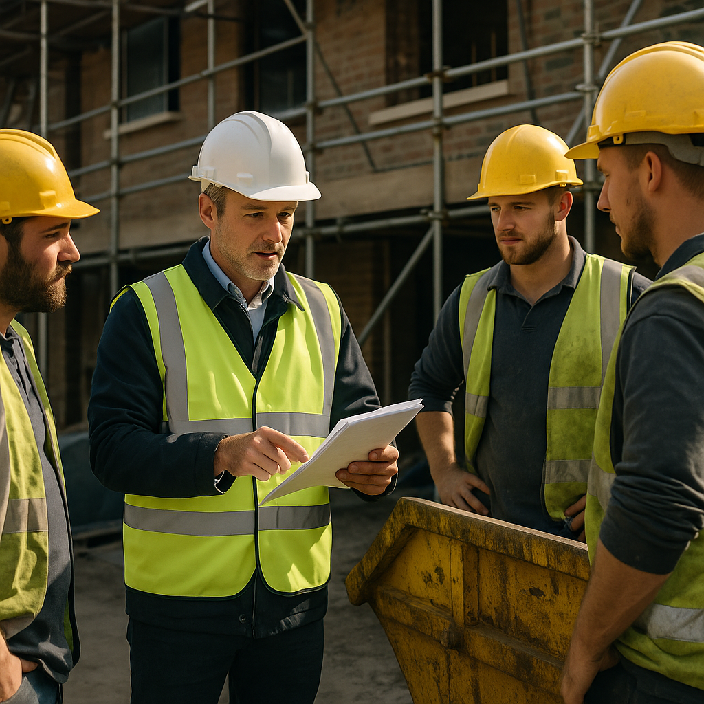 Site manager briefing tradesmen on asbestos waste management procedures beside a skip