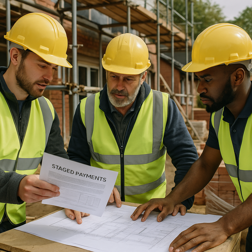 Tradesmen planning staged payments as part of cash flow management for tradesmen