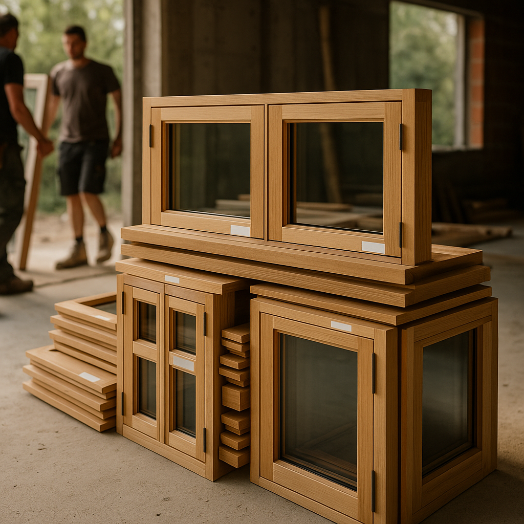 Neatly labelled timber windows and doors delivered by a reliable joinery supplier on a building site