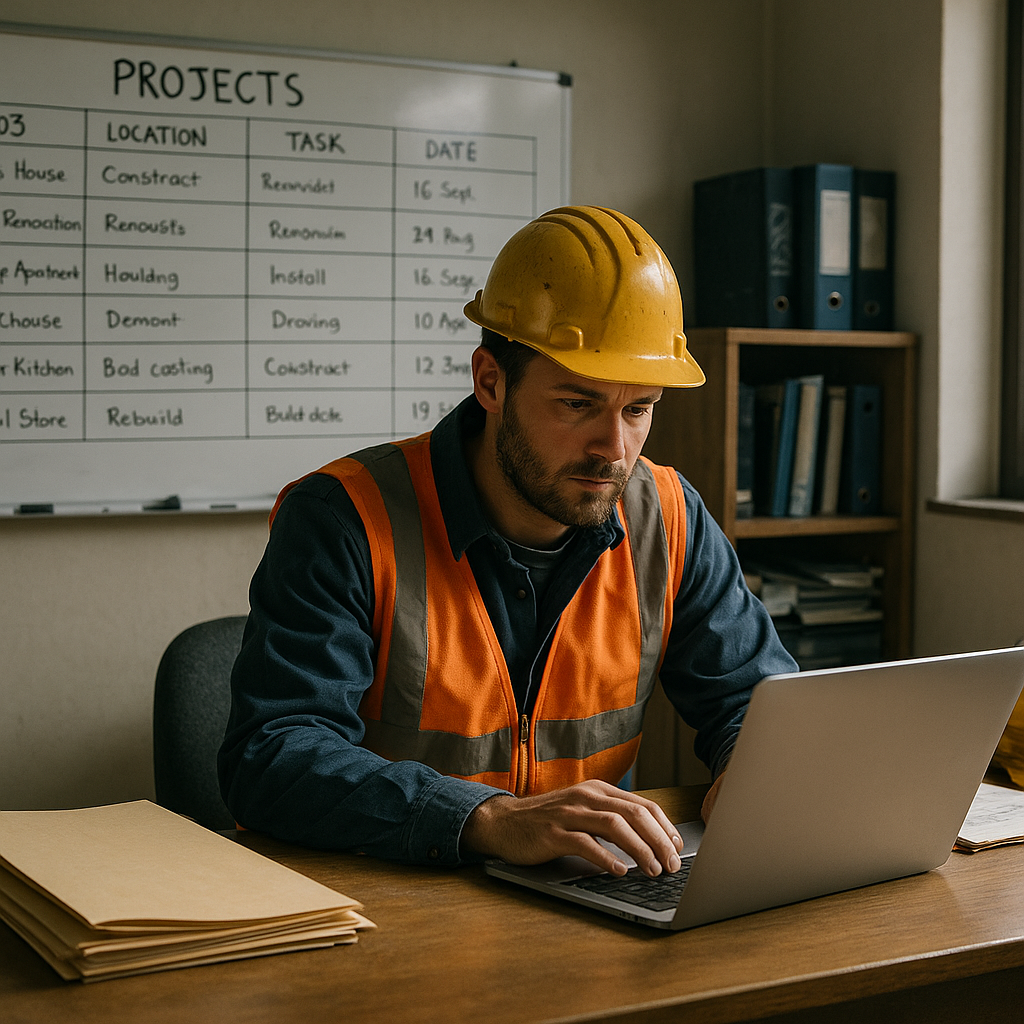 Foreman in a small trade office organising digital files using cloud storage for small trade businesses