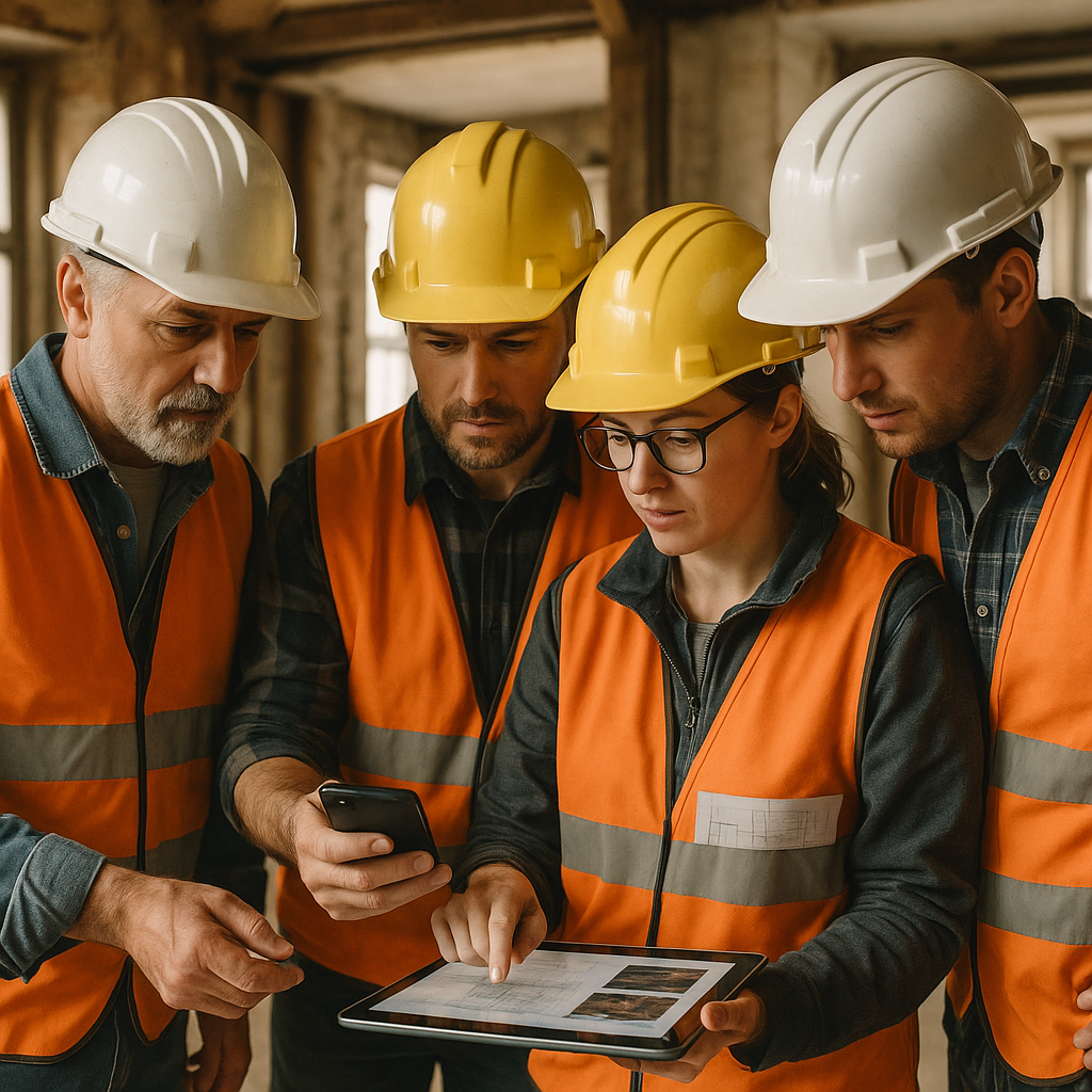 Site team accessing shared drawings and photos through cloud storage for small trade businesses