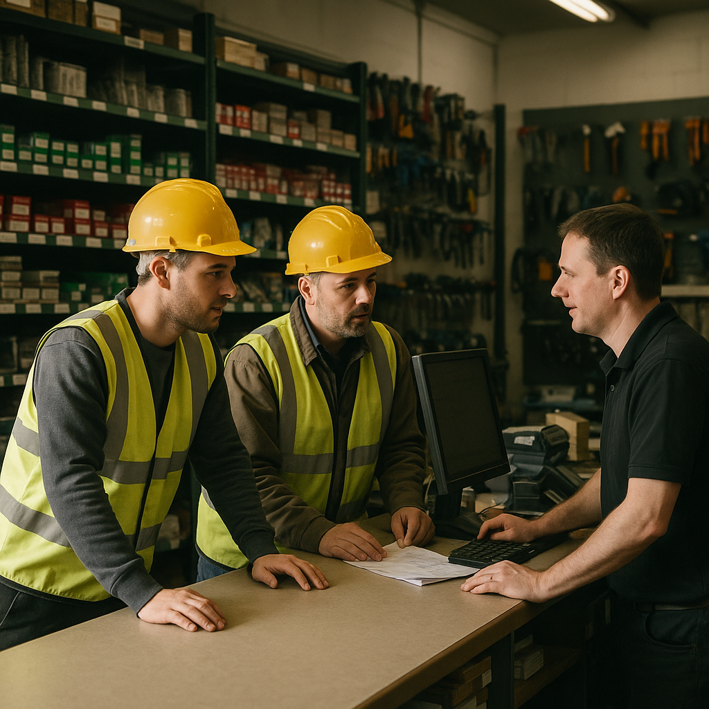 Tradesmen at a merchant counter ordering building supplies in Westville