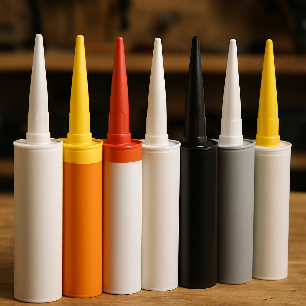 Close-up of various construction adhesive and sealant cartridges on a workbench