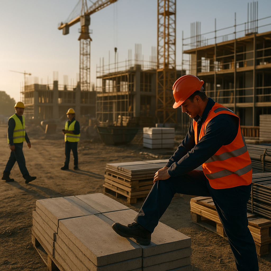 Construction worker stretching knees on site to protect joint health at work