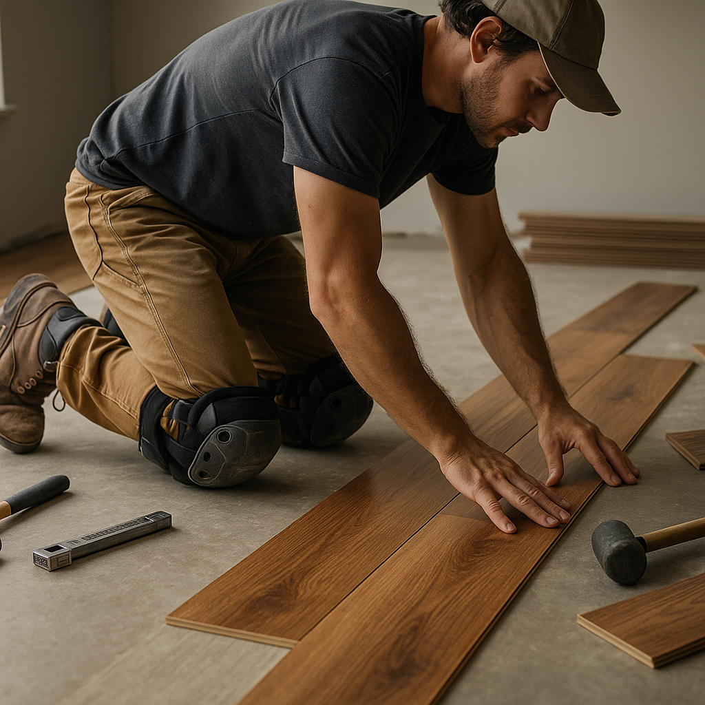 Tradesperson using knee pads on concrete floor to support joint health at work
