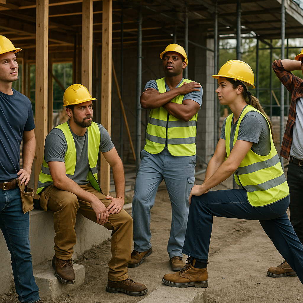 Group of tradespeople stretching on site to improve joint health at work