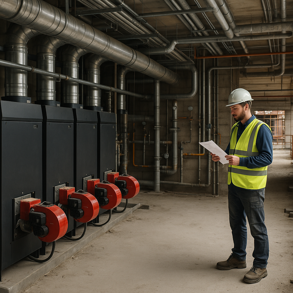 Engineer checking commercial boiler paperwork related to ACS certification in construction