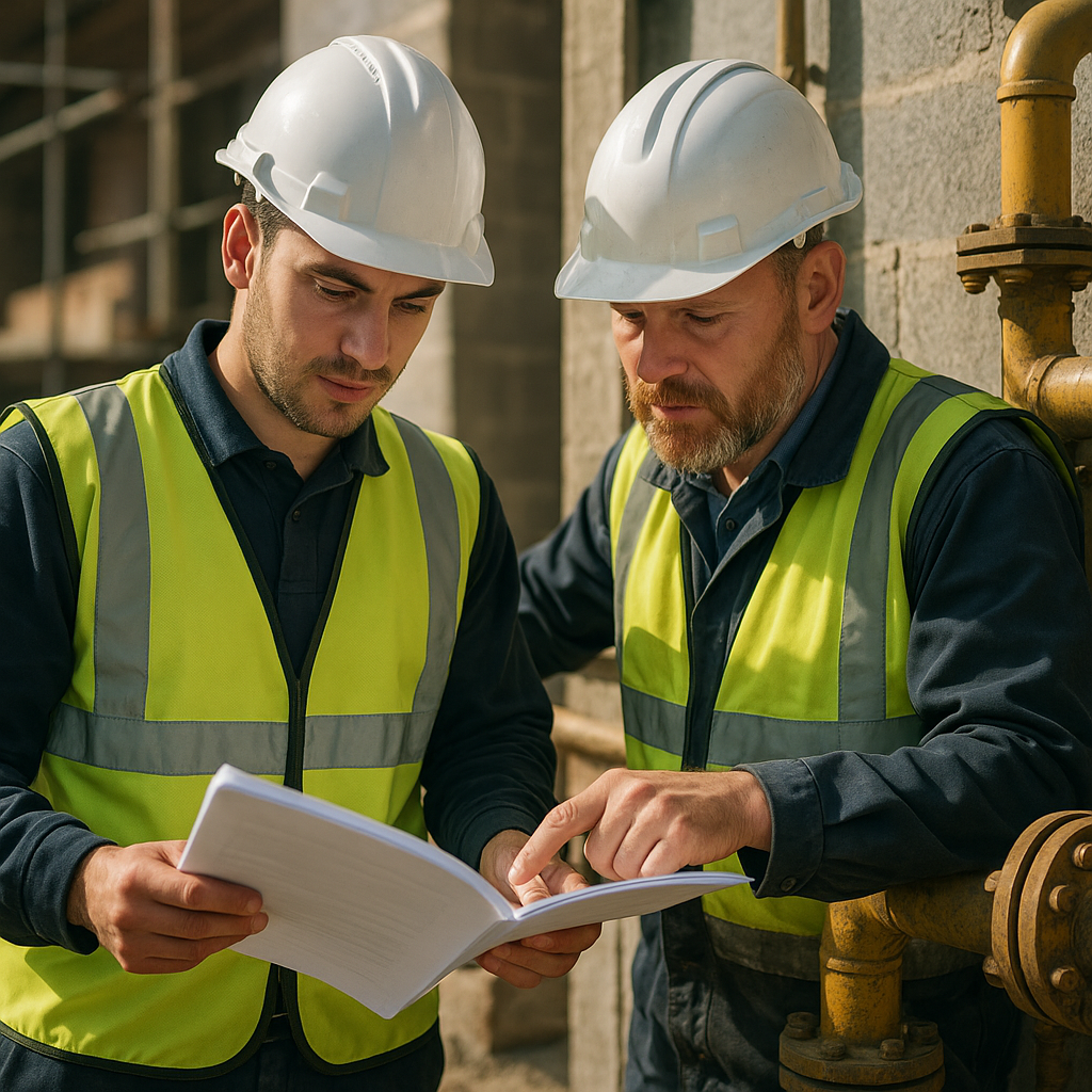 Tradesmen discussing gas safety and ACS certification in construction on site