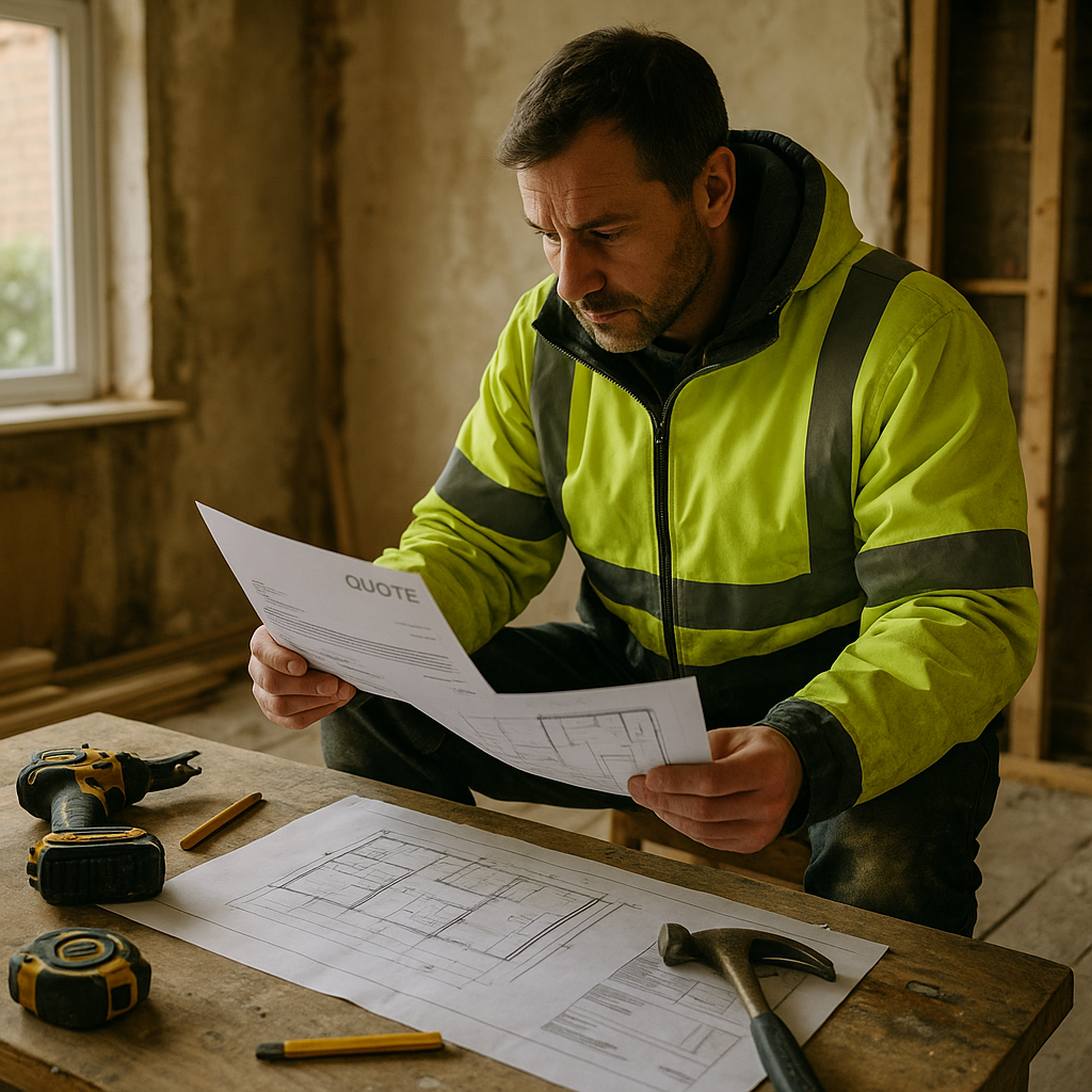 Tradesman preparing a detailed quote for fixed price work on a renovation project
