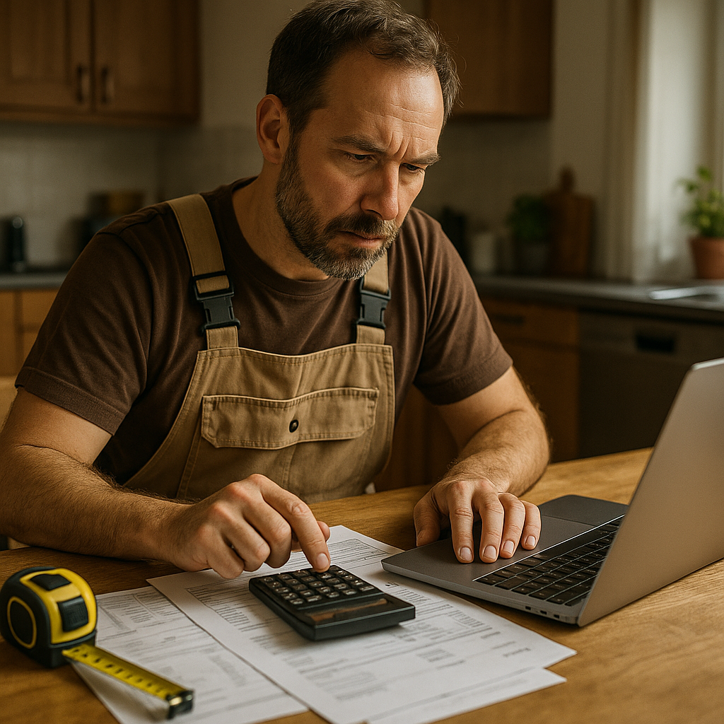 Self employed tradesperson calculating a quote for fixed price work at home