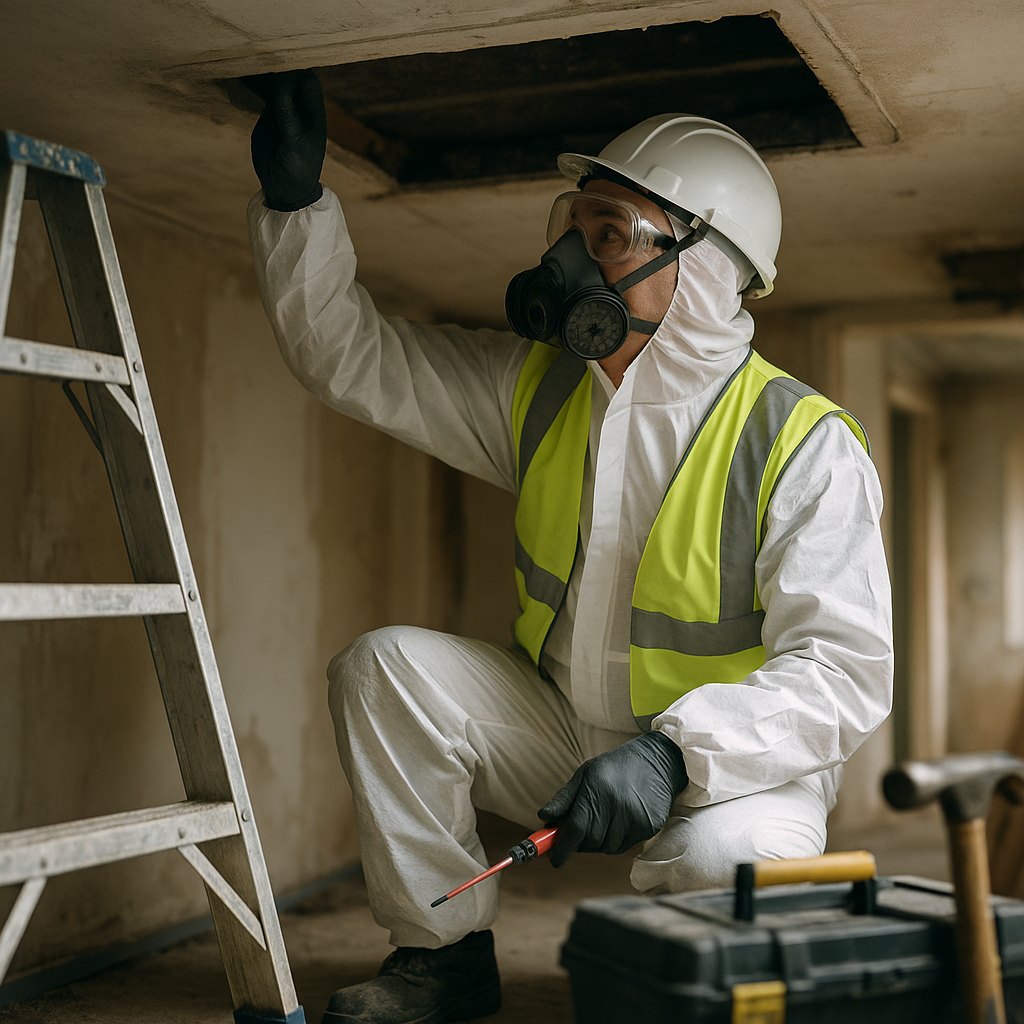 Surveyor conducting asbestos refurbishment surveys inside an older commercial building