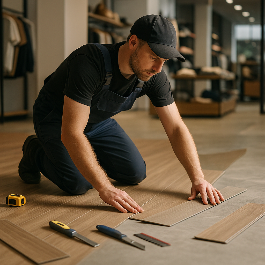 Flooring installer fitting commercial flooring for heavy footfall in a retail unit