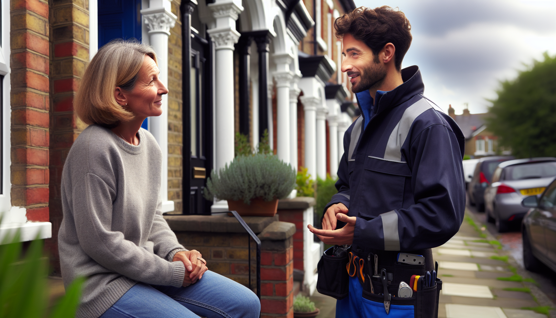 Homeowner discussing local trade services with a tradesperson on a UK doorstep