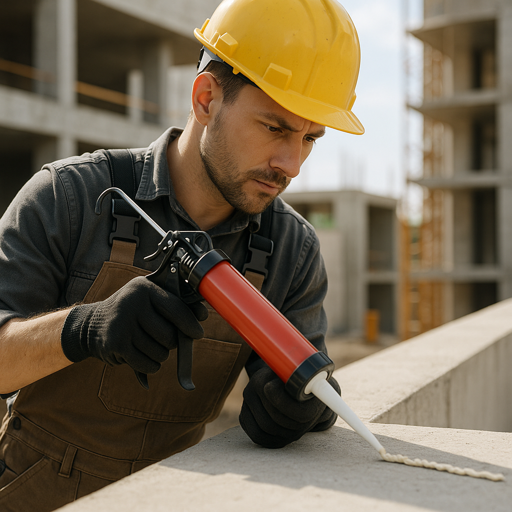 Tradesman applying construction adhesive from a caulking gun on a building site