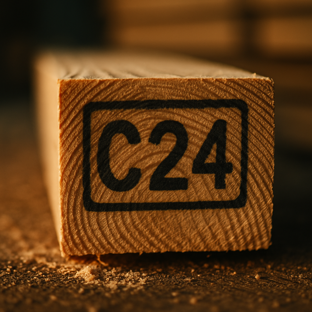 Close-up of a C24 grade stamp on structural timber illustrating the difference in structural vs non-structural timber grading