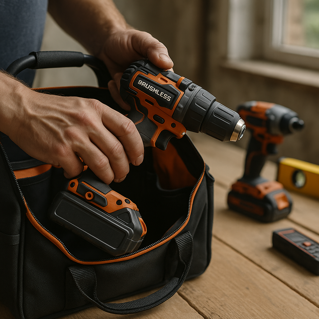 Close-up of cordless drill and essential tools for a handyman laid out on a workbench