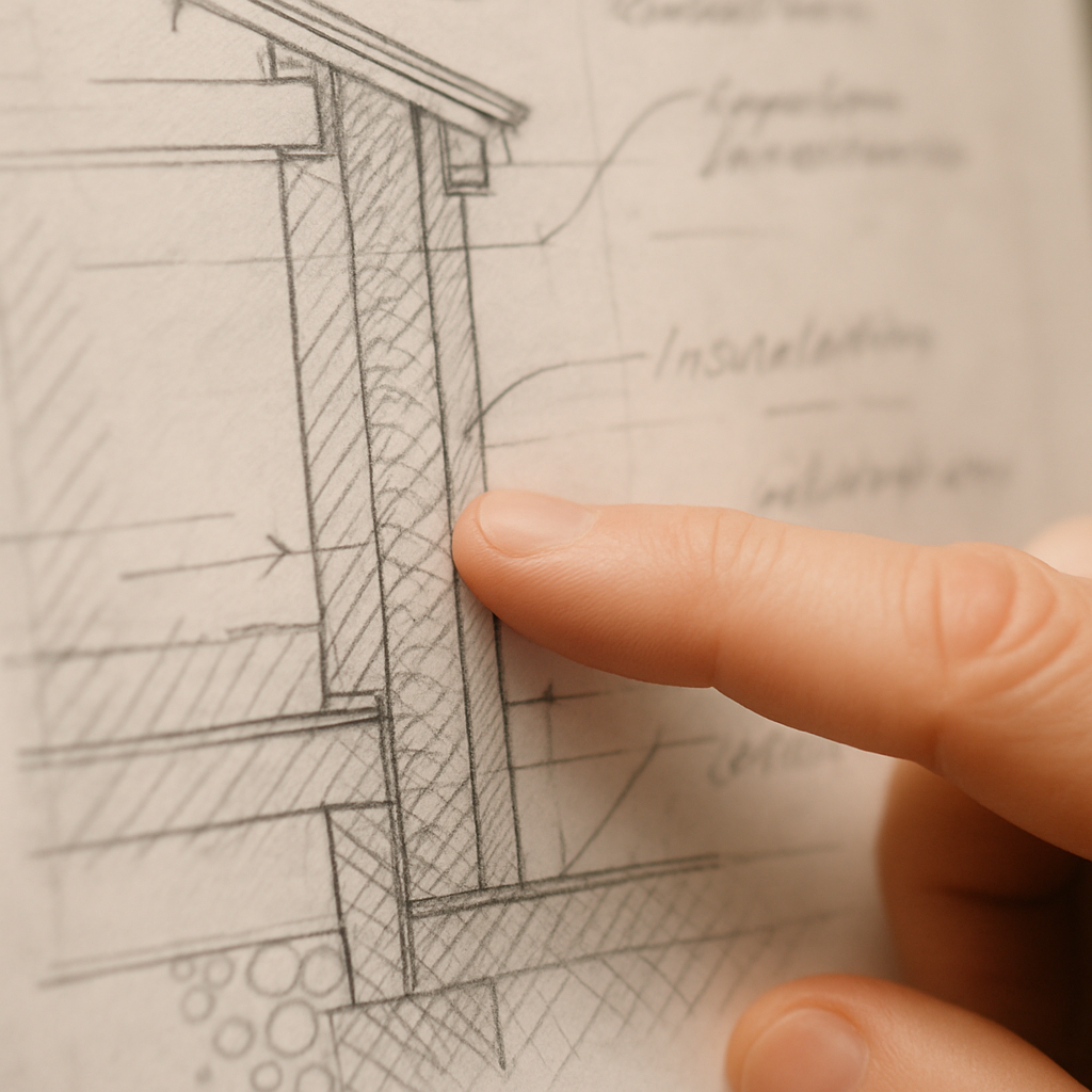 Close-up of material specification callouts on a building drawing section detail
