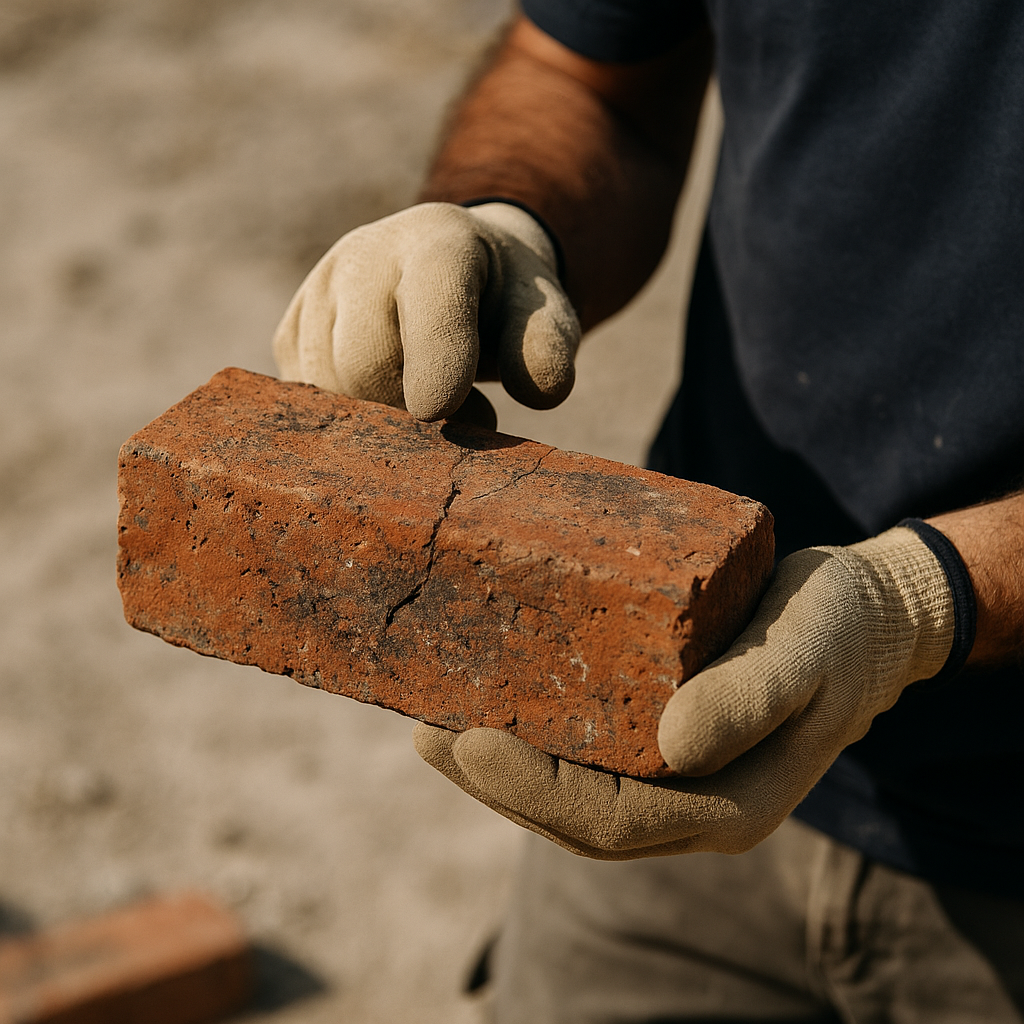Close-up of quality check on reclaimed building materials UK brick showing surface texture and wear