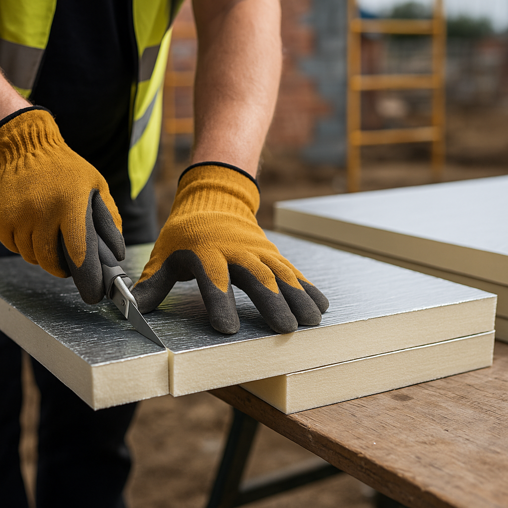 Close-up of rigid PIR board being cut, a top choice among the best insulation materials UK tradesmen use