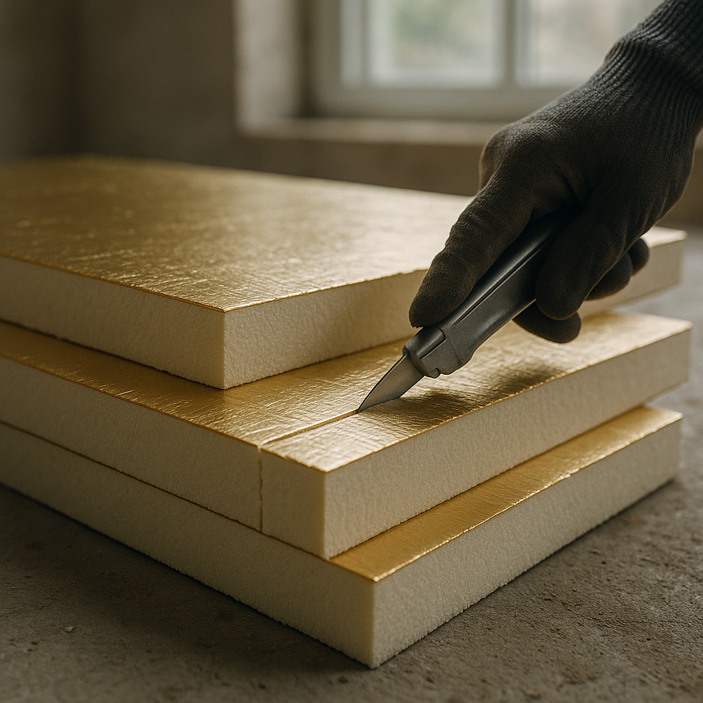 Close-up of rigid PIR foam board being cut on site, a key insulation material for UK homes