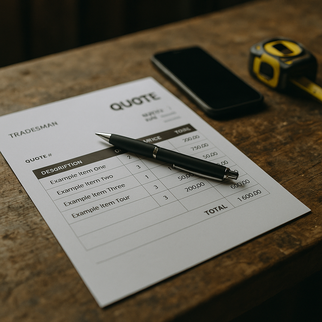 Detailed view of an itemised tradesman quote document illustrating how to write a quote as a tradesman