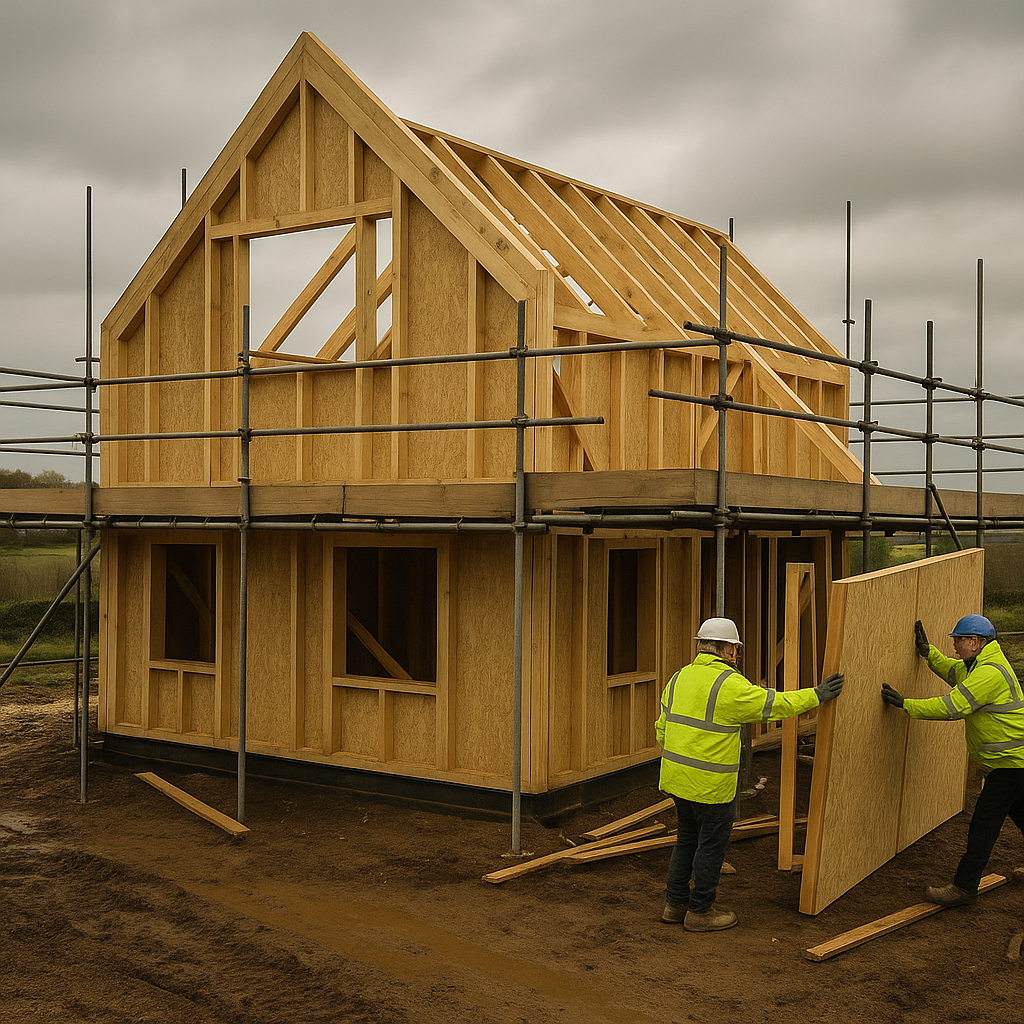 Timber vs steel frame construction UK: timber frame house being erected on a British building site