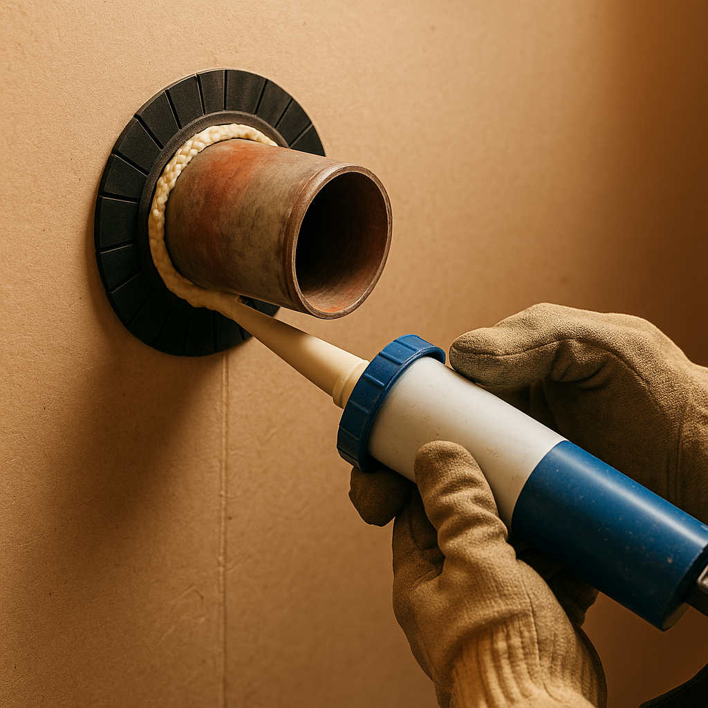 Tradesman applying fire-stopping sealant around a pipe penetration as required under UK building regulations changes 2026