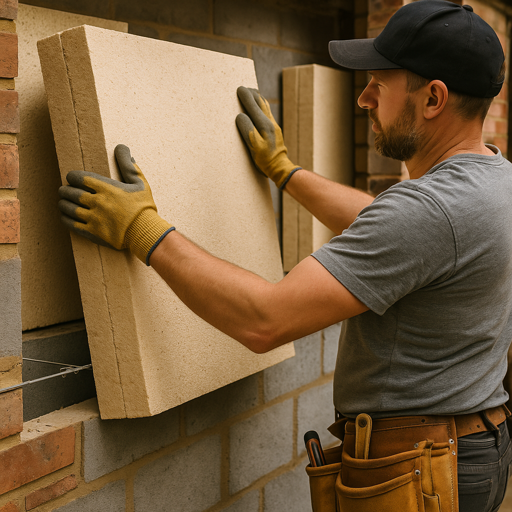 Tradesman fitting cavity wall insulation to meet building regulations for extensions UK Part L requirements