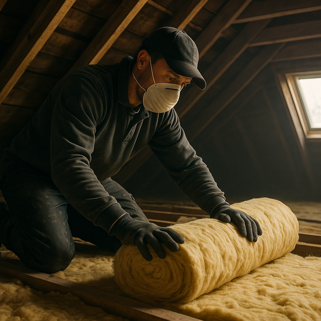 Tradesman installing glass wool, one of the best insulation materials UK lofts require, in a British home